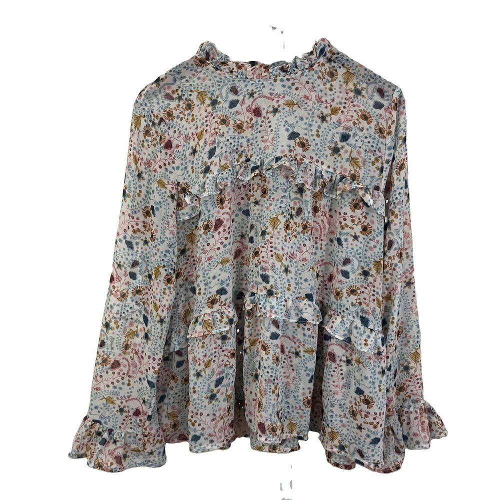 Sundance Floral Babydoll Blouse Womens L Ruffle Tiered Semi Sheer Boho